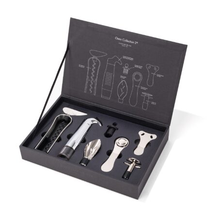 Coffret sommelier avec un tire-bouchon à vis sans fin, un Gard'Vin, un verseur aerateur, une pince à bouchon pour le champagne, un coupe capsule et un bouchon de préservation pour le champagne