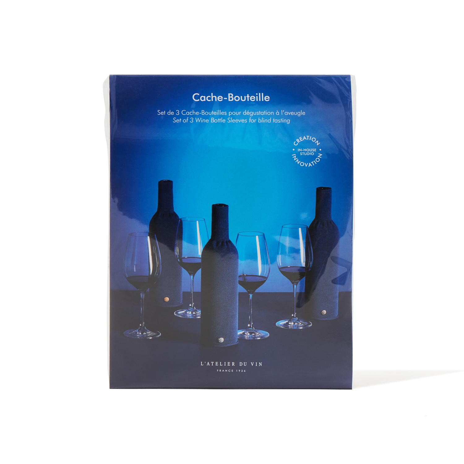 Pack Cache-Bouteille de L’Atelier du Vin, set de trois housses pour bouteilles de vin destiné à la dégustation à l’aveugle et aux ateliers d’œnologie.