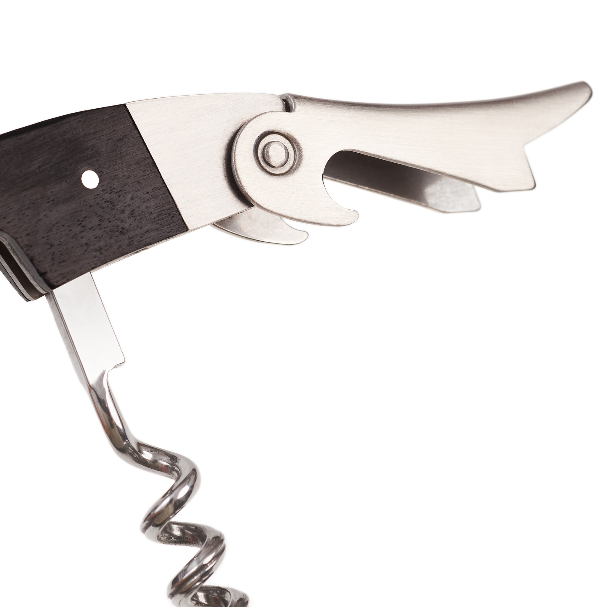 Details of the Chef Sommelier corkscrew bottle opener in ebony and steel with a grooved worm