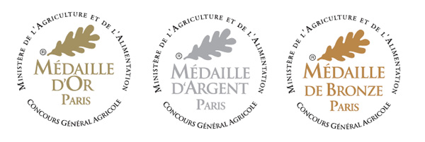 Logos des médailles d’or, d’argent et de bronze du Concours Général Agricole de Paris, organisées par le Ministère de l’Agriculture et de l’Alimentation.