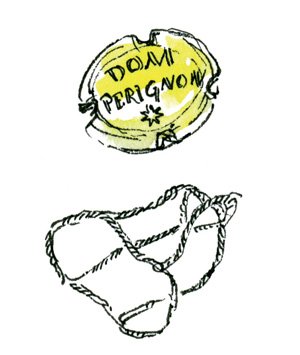 Illustration of a Dom Pérignon champagne wire cage and twisted wire, typical bottle stopper elements