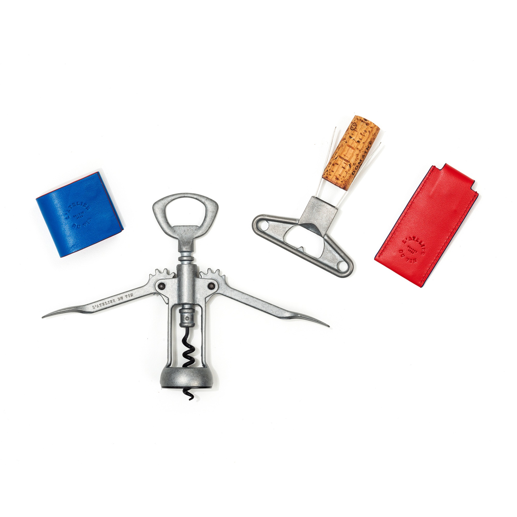 bilame corkscrew and De Gaulle lever corkscrew in leather case