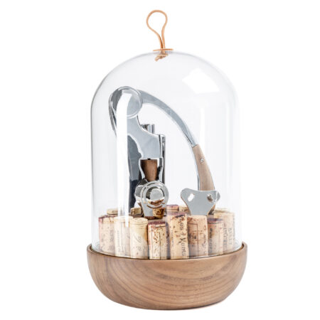 Tire-bouchon coupe capsule et pince à bouchon dans une son coffret avec cloche en verre