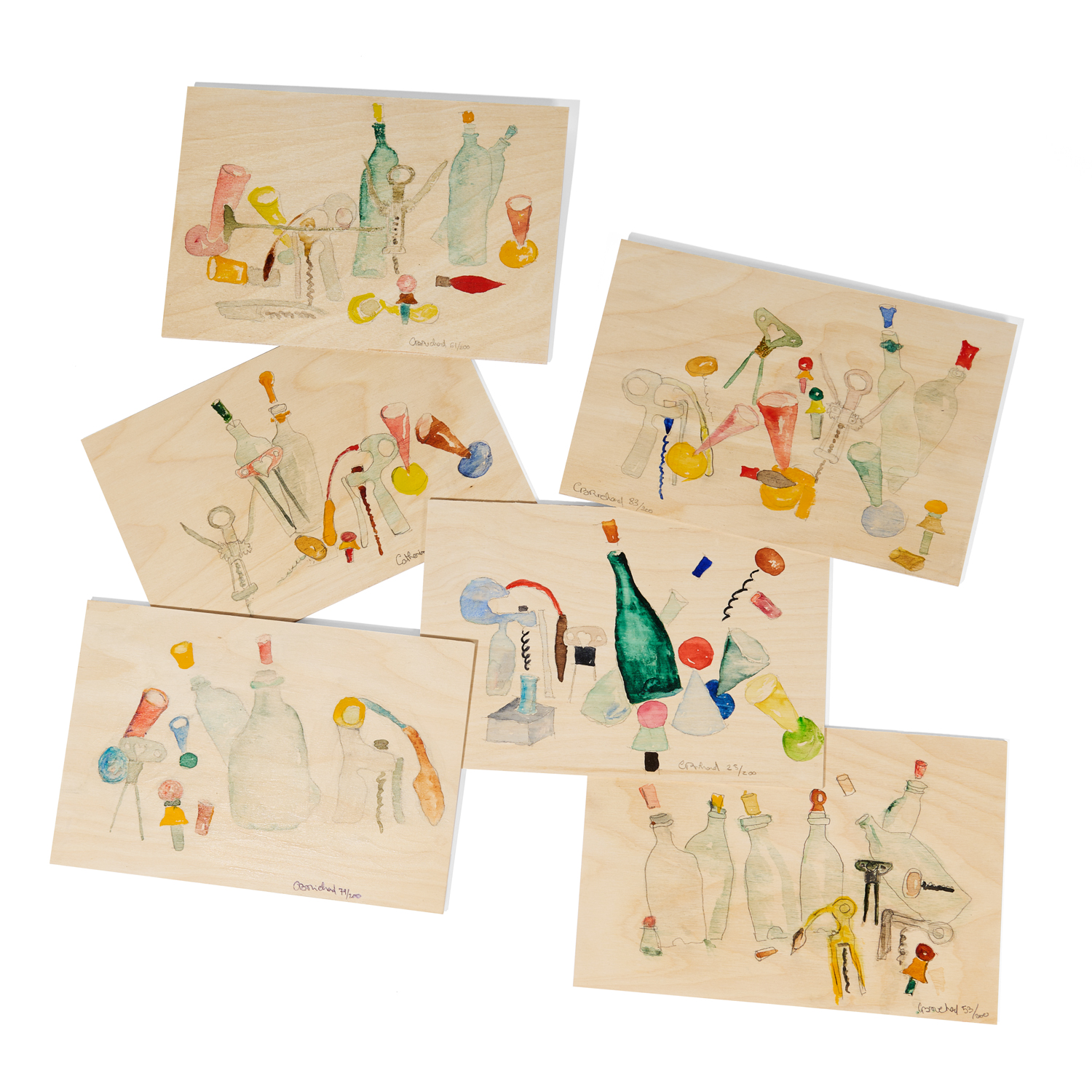 Ensemble d’aquarelles originales de Catherine B. Richard représentant bouteilles, tire-bouchons et accessoires œnologiques, créées pour l’édition Centenaire du coffret Oeno Box Connoisseur.