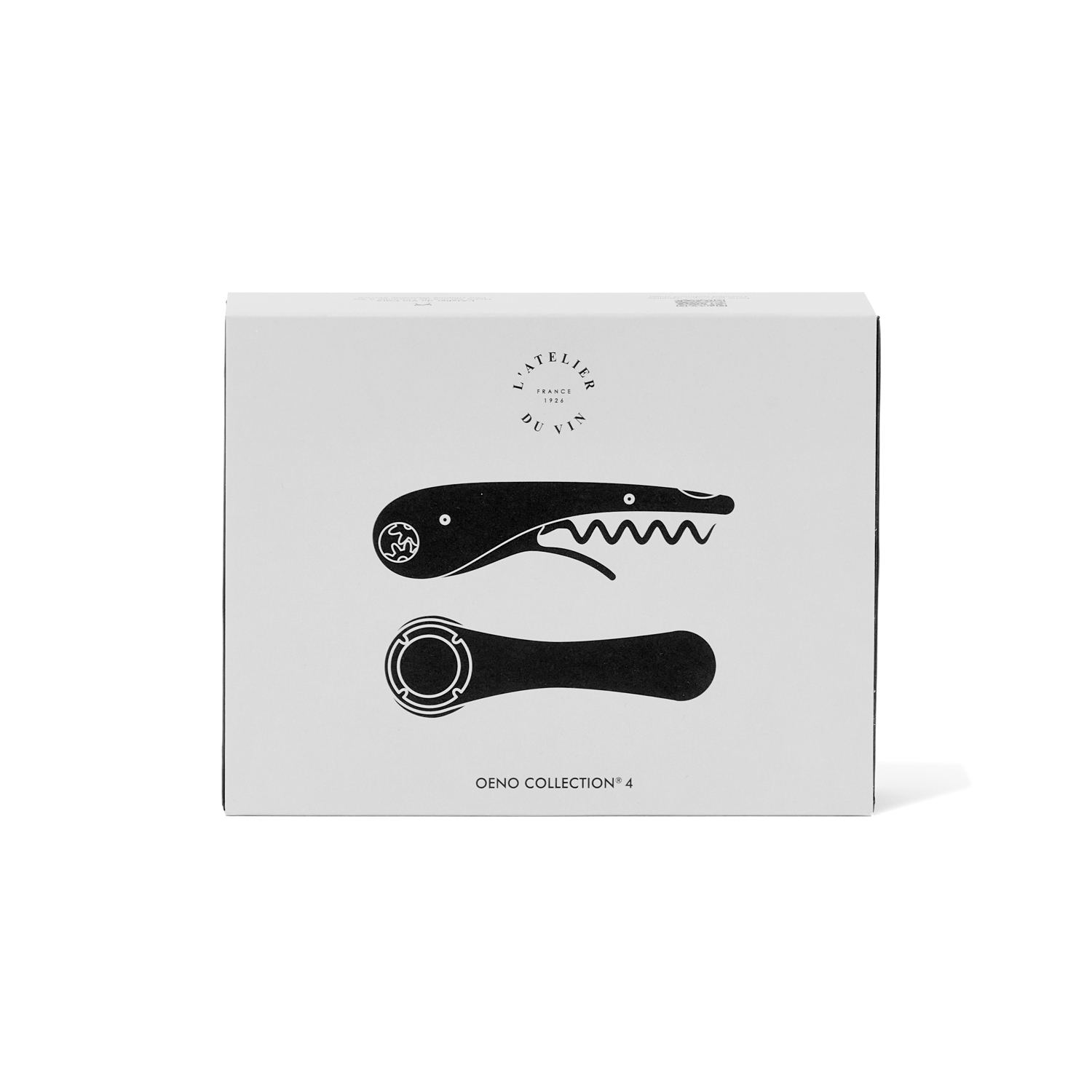 Packaging Oeno Collection 4 de L’Atelier du Vin, coffret cadeau réunissant un tire-bouchon sommelier et une pince à bouchon de champagne pour l’ouverture et le service du vin.