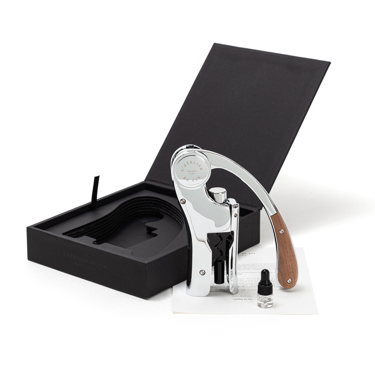 Pack Oeno Motion Wood&Chrome avec fiole et mèche de rechange. Tire-bouchon à levier chromé